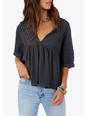 O'Neill Slate Gray Kendal Pintuck Pleated V-Neck Blouse Size Small